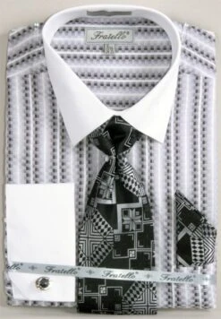 Fratello Men's French Cuff Dress Shirt Set - Jacquard Two Tone -Stylish Men's Formal Wear black 13 5
