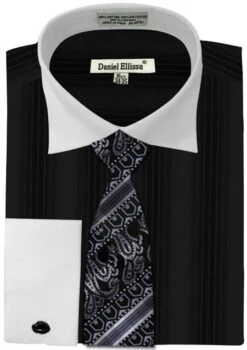 Daniel Ellissa Men's French Cuff Dress Shirt Set - Basic Two Tone -Stylish Men's Formal Wear black 14 1