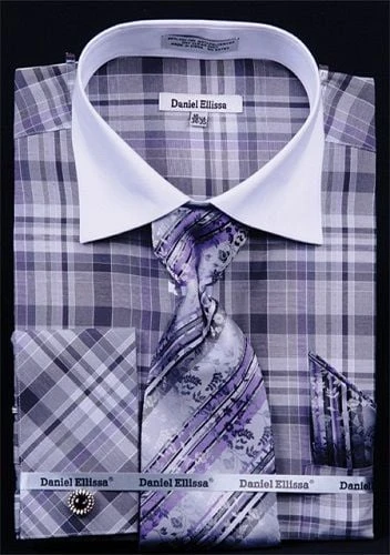 Daniel Ellissa Men's French Cuff Dress Shirt Set - Windowpane Plaid 14 Daniel Ellissa Men's French Cuff Dress Shirt Set - Windowpane Plaid - Image 12