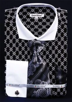Daniel Ellissa Men's French Cuff Dress Shirt Set - Diamond Weave -Stylish Men's Formal Wear black 1 49