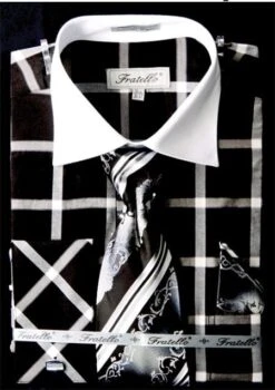 Fratello Men's French Cuff Dress Shirt Set - Dramatic Windowpane -Stylish Men's Formal Wear black 1 59 1