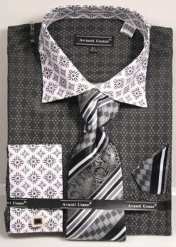 Avanti Uomo Men's French Cuff Dress Shirt Set - Varied Patterns -Stylish Men's Formal Wear black 56 3