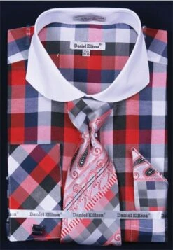 Daniel Ellissa Men's French Cuff Dress Shirt Set - Bright Checker -Stylish Men's Formal Wear blackred 1