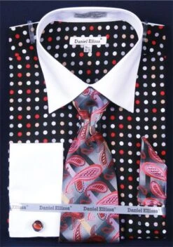 Daniel Ellissa Men's French Cuff Dress Shirt Set - Multi Polka Dot -Stylish Men's Formal Wear blackred 1 1