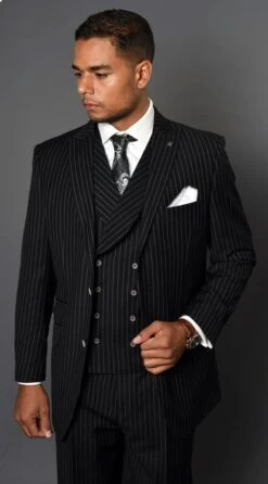 Statement Men's 3 Piece 100% Wool Suit - Fashion Pinstripe -Stylish Men's Formal Wear blkgrey zarelli opt