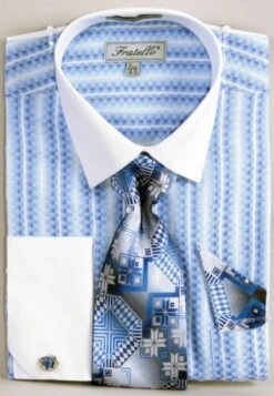 Fratello Men's French Cuff Dress Shirt Set - Jacquard Two Tone -Stylish Men's Formal Wear blue 1 6