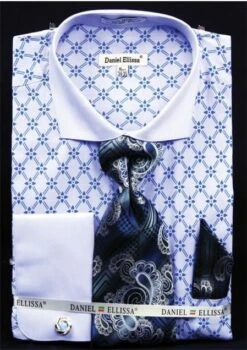 Daniel Ellissa Men's French Cuff Dress Shirt Set - Diamond Weave -Stylish Men's Formal Wear blue 24 1
