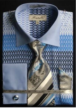 Fratello Men's French Cuff Dress Shirt Set - Printed Pattern 15 Fratello Men's French Cuff Dress Shirt Set - Printed Pattern -Stylish Men's Formal Wear blue 25