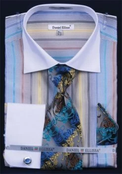 Daniel Ellissa Men's French Cuff Dress Shirt Set - Multi Stripe -Stylish Men's Formal Wear blue 4