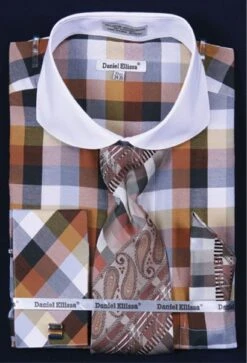 Daniel Ellissa Men's French Cuff Dress Shirt Set - Bright Checker -Stylish Men's Formal Wear brown 4