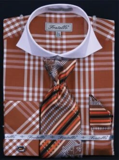 Fratello Men's French Cuff Dress Shirt Set - Deep Checker -Stylish Men's Formal Wear brown 5 1