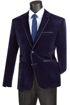 Vinci Men's Velvet Slim Outlet Sport Coat - Faux Leather Trim -Stylish Men's Formal Wear bs 02 navy 1 1