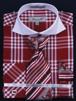 Fratello Men's French Cuff Dress Shirt Set - Deep Checker -Stylish Men's Formal Wear burgundy 1 1