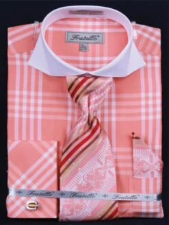 Fratello Men's French Cuff Dress Shirt Set - Deep Checker -Stylish Men's Formal Wear coral 1