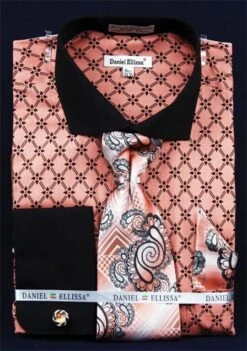 Daniel Ellissa Men's French Cuff Dress Shirt Set - Diamond Weave -Stylish Men's Formal Wear coral 2 3 1