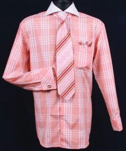 Fratello Men's French Cuff Dress Shirt Set - Deep Checker -Stylish Men's Formal Wear coralfull 1