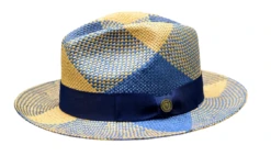 Bruno Capelo Men's Fedora Style Straw Hat - Two Tone Weave -Stylish Men's Formal Wear cuban navy cognac ivory