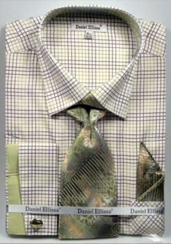 Daniel Ellissa Men's French Cuff Dress Shirt Set - Graph Checker -Stylish Men's Formal Wear dk green 3781