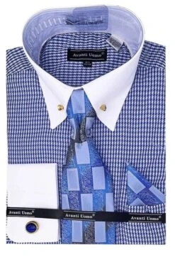 Avanti Uomo Men's French Cuff Dress Shirt Set - Triple Tone Print -Stylish Men's Formal Wear dn101m royal