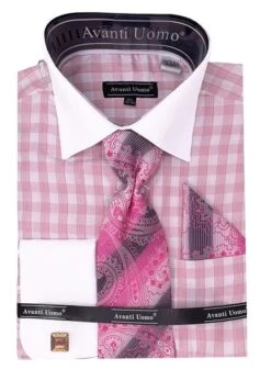 Avanti Uomo Men's French Cuff Dress Shirt Set - Plaid -Stylish Men's Formal Wear dn106m pink
