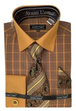 Avanti Uomo Men's French Cuff Dress Shirt Set - Plaid Windowpane 7 Avanti Uomo Men's French Cuff Dress Shirt Set - Plaid Windowpane -Stylish Men's Formal Wear dn107m rust