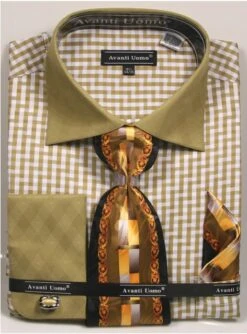 Avanti Uomo Men's French Cuff Shirt Set - Stylish Two Tone -Stylish Men's Formal Wear dn76m olive
