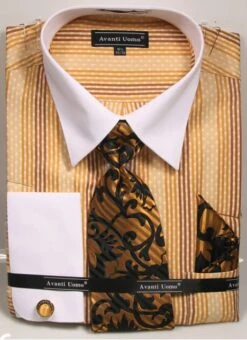 Avanti Uomo Men's French Cuff Shirt Set - Varied Stripe Patterns -Stylish Men's Formal Wear dn78m mustard