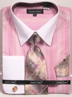 Avanti Uomo Men's French Cuff Shirt Set - Varied Stripe Patterns -Stylish Men's Formal Wear dn78m pink