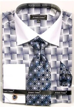 Avanti Uomo Men's French Cuff Shirt Set - Exotic Checkerboard -Stylish Men's Formal Wear dn79m navy