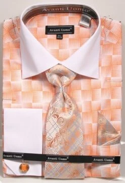 Avanti Uomo Men's French Cuff Shirt Set - Exotic Checkerboard -Stylish Men's Formal Wear dn79m peach