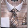 Avanti Uomo Men's French Cuff Shirt Set - Plaid Pattern -Stylish Men's Formal Wear dn81m beige