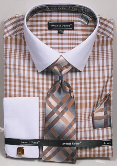 Avanti Uomo Men's French Cuff Shirt Set - Plaid Pattern 3 Avanti Uomo Men's French Cuff Shirt Set - Plaid Pattern