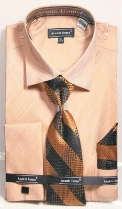 Avanti Uomo Men's French Cuff Shirt Set - Metallic Look -Stylish Men's Formal Wear dn82m tan