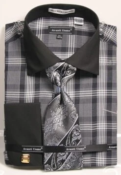 Avanti Uomo Men's French Cuff Shirt Set - Bold Plaid -Stylish Men's Formal Wear dn89m bk white