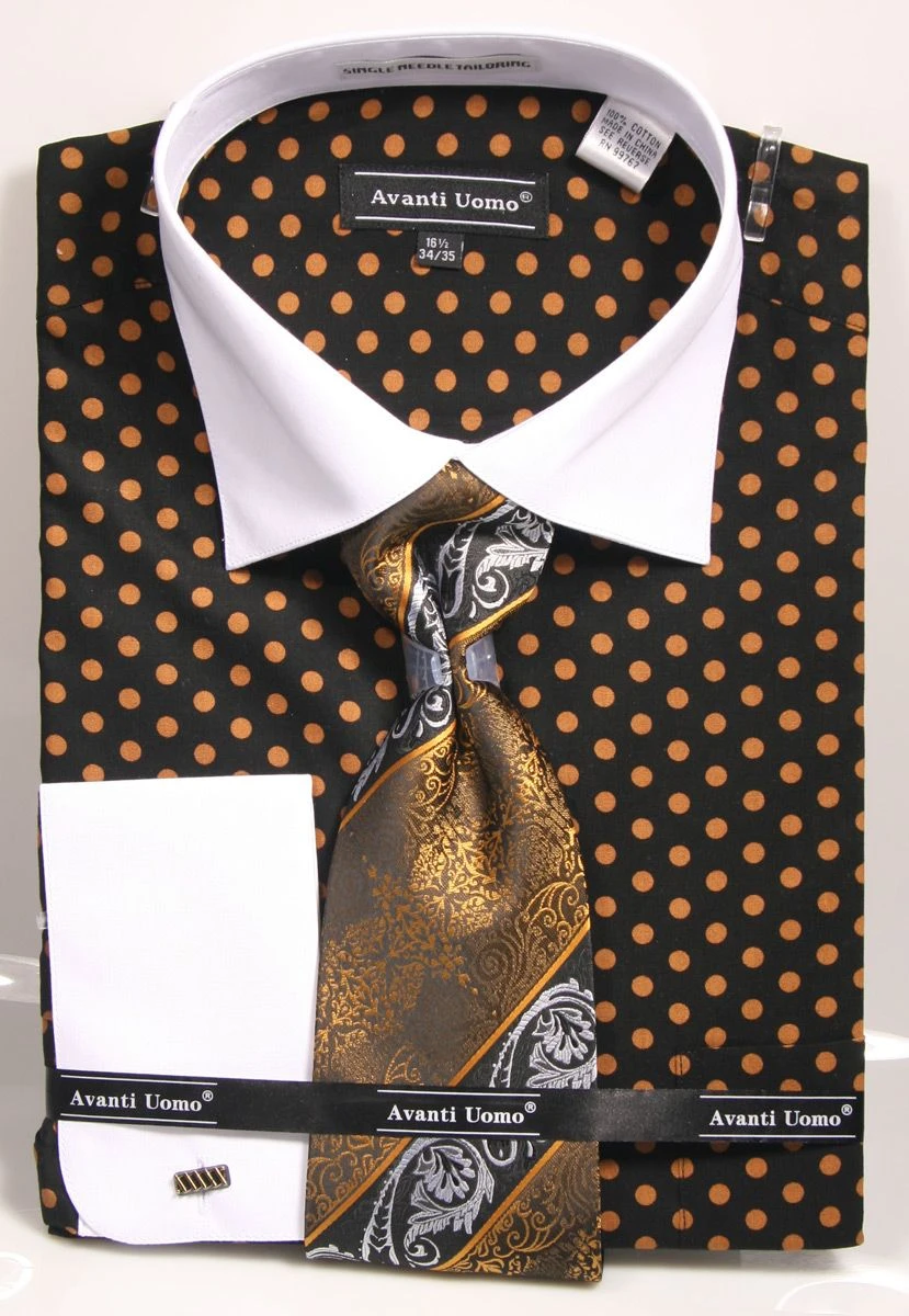 Avanti Uomo Men's 100% Cotton French Cuff Shirt Set - Polka Dots 3 Avanti Uomo Men's 100% Cotton French Cuff Shirt Set - Polka Dots