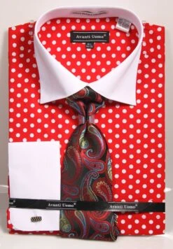 Avanti Uomo Men's 100% Cotton French Cuff Shirt Set - Polka Dots 14 Avanti Uomo Men's 100% Cotton French Cuff Shirt Set - Polka Dots -Stylish Men's Formal Wear dn92m red