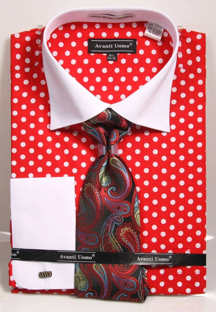 Avanti Uomo Men's 100% Cotton French Cuff Shirt Set - Polka Dots 8 Avanti Uomo Men's 100% Cotton French Cuff Shirt Set - Polka Dots - Image 6