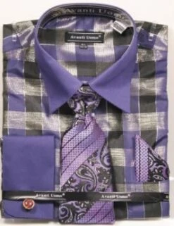 Avanti Uomo Men's French Cuff Dress Shirt Set - Multi Color Checkered -Stylish Men's Formal Wear dn93mpurple