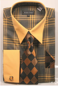 Avanti Uomo Men's French Cuff Shirt Set - Unique Windowpane -Stylish Men's Formal Wear dn99mmustard