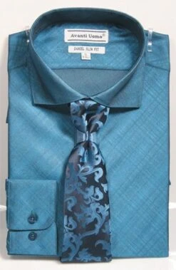 Avanti Uomo Men's Slim Fit Dress Shirt Set - Metallic Look -Stylish Men's Formal Wear dns07 teal