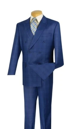 Vinci Men's 2 Piece Double Breasted Suit - Glen Plaid -Stylish Men's Formal Wear drw 1 blue en