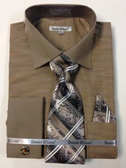 Daniel Ellissa Men's French Cuff Dress Shirt Set - Textured Solid 17 Daniel Ellissa Men's French Cuff Dress Shirt Set - Textured Solid -Stylish Men's Formal Wear ds2014p2 beige