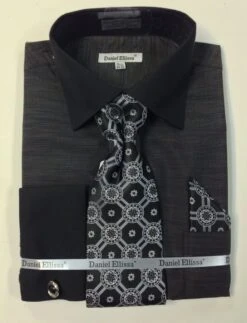Daniel Ellissa Men's French Cuff Dress Shirt Set - Textured Solid 20 Daniel Ellissa Men's French Cuff Dress Shirt Set - Textured Solid -Stylish Men's Formal Wear ds2014p2 black