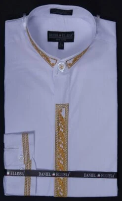 Daniel Ellissa Men's Banded Collar Dress Shirt - Leaf Print -Stylish Men's Formal Wear ds3112c 4 whitegold opt