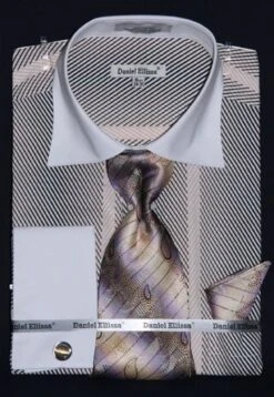Daniel Ellissa Men's French Cuff Dress Shirt Set - Slanted Stripes -Stylish Men's Formal Wear ds3770p2 beige