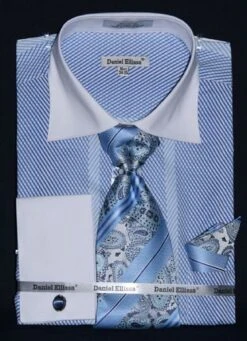 Daniel Ellissa Men's French Cuff Dress Shirt Set - Slanted Stripes -Stylish Men's Formal Wear ds3770p2 lt blue 1