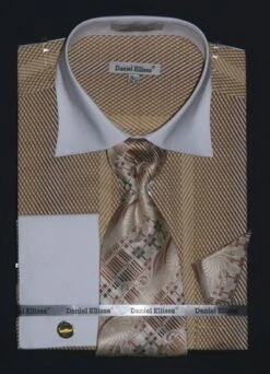 Daniel Ellissa Men's French Cuff Dress Shirt Set - Slanted Stripes -Stylish Men's Formal Wear ds3770p2 mustard 1