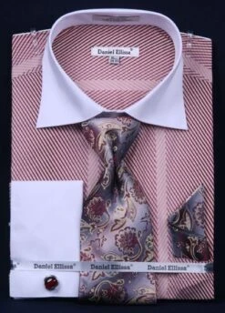 Daniel Ellissa Men's French Cuff Dress Shirt Set - Slanted Stripes -Stylish Men's Formal Wear ds3770p2 pink