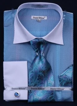 Daniel Ellissa Men's French Cuff Dress Shirt Set - Slanted Stripes -Stylish Men's Formal Wear ds3770p2 turquoise 1