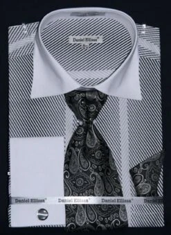 Daniel Ellissa Men's French Cuff Dress Shirt Set - Slanted Stripes -Stylish Men's Formal Wear ds3770p2 white 1